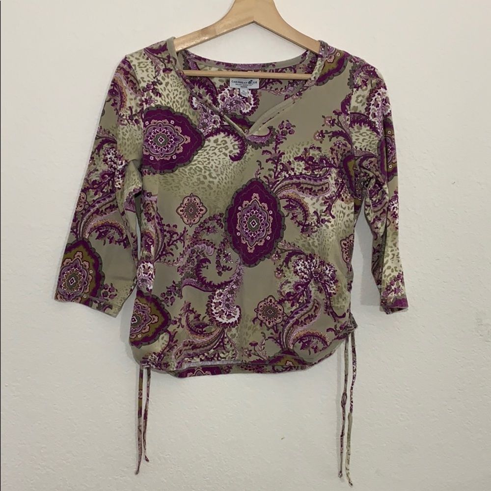 Caribbean joe petite floral midsleeve blouse-L